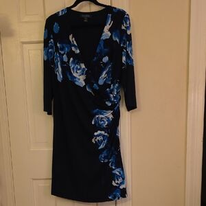 Lauren Ralph Lauren Navy and Blue Floral Long Sleeve Faux Wrap Dress 16